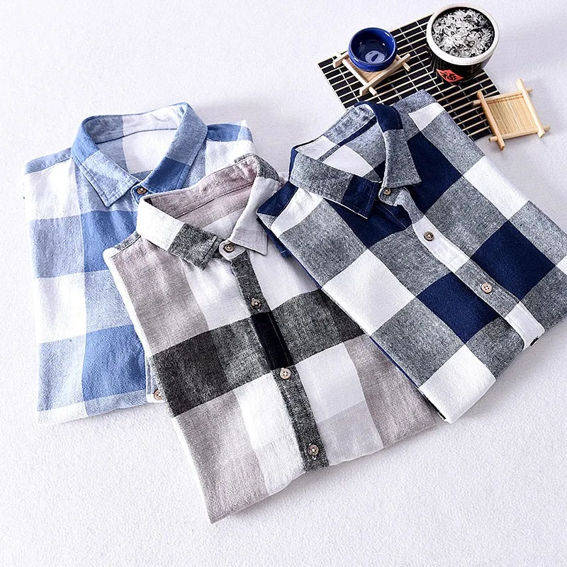 Camisa A Cuadros De Lino Y Algodón Para Hombre