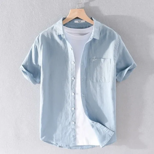 Camisa Manga Corta De Algodón Y Lino Para Hombre