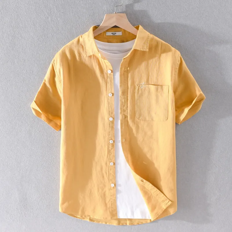 Camisa Manga Corta De Algodón Y Lino Para Hombre