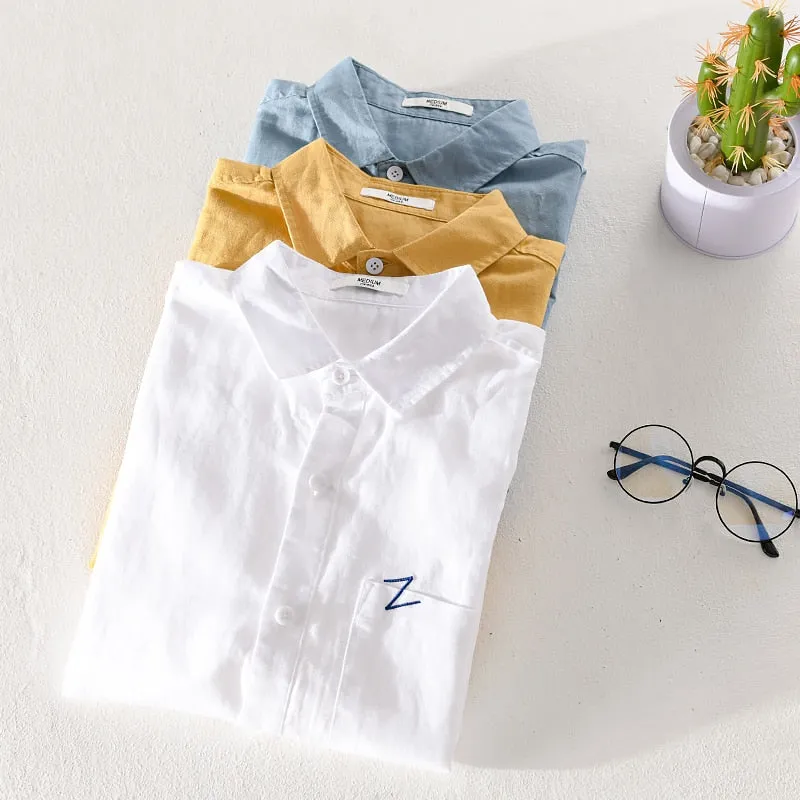 Camisa Manga Corta De Algodón Y Lino Para Hombre