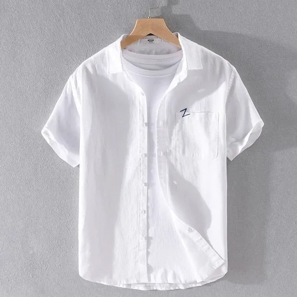 Camisa Manga Corta De Algodón Y Lino Para Hombre