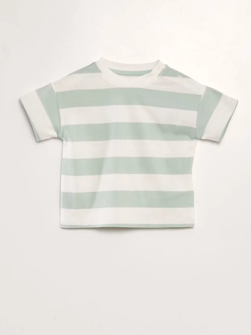 CAMISETA A RAYAS CON AUTOMáTICOS EN EL CUELLO  BLANCO