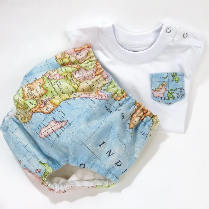 Camiseta con bolsillo mapa mundi azul