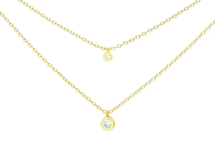 Collar Plata Doble Cadena y Chatón Gold