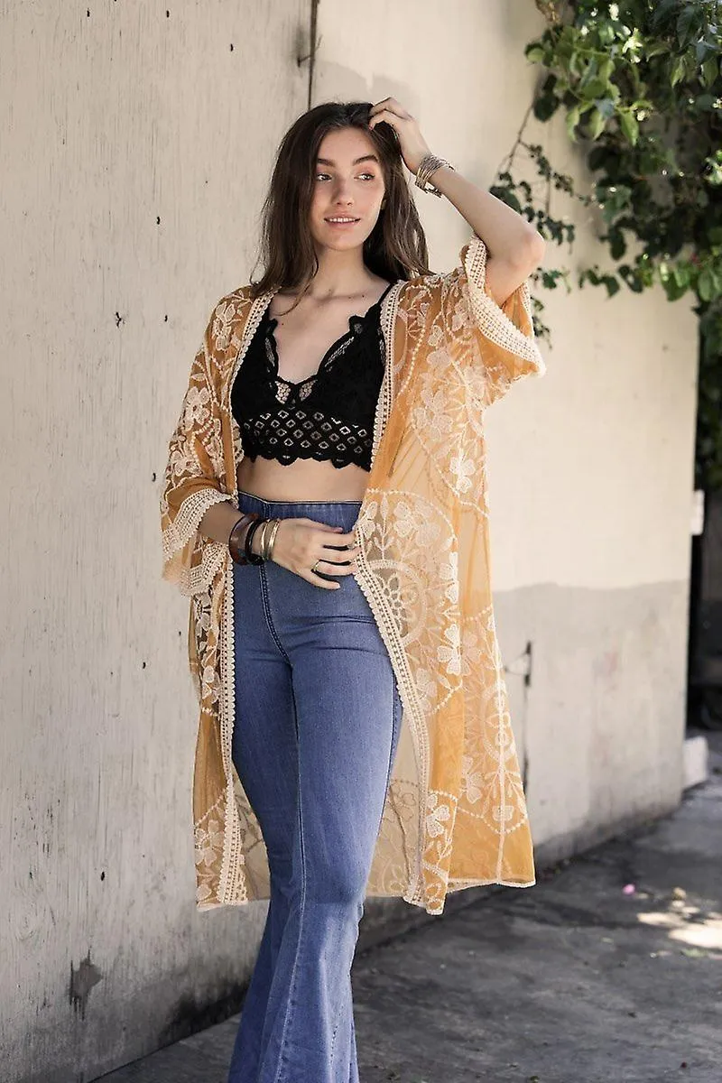 Contrast mesh cotton lace kimono