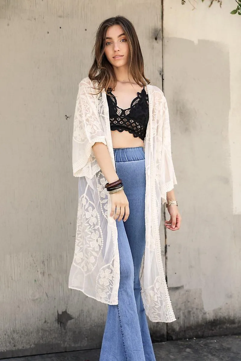 Contrast mesh cotton lace kimono