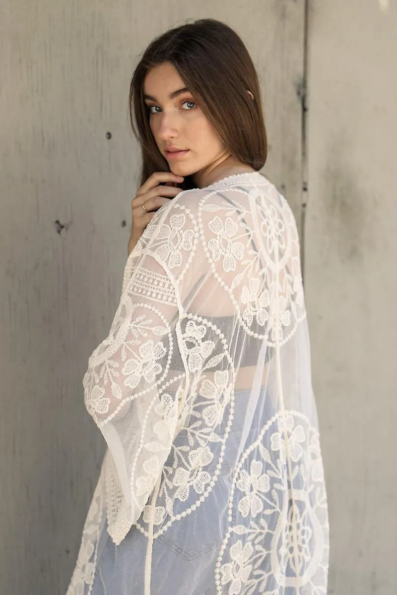 Contrast mesh cotton lace kimono