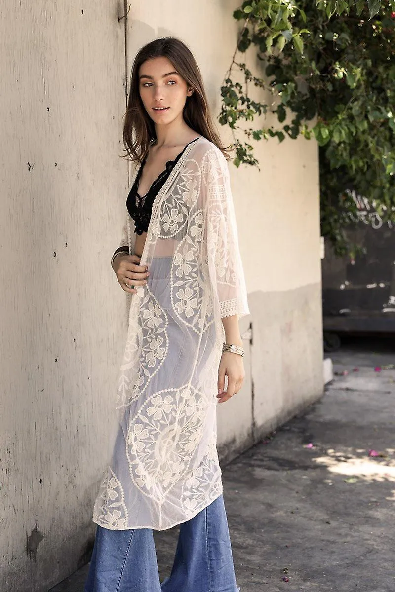 Contrast mesh cotton lace kimono