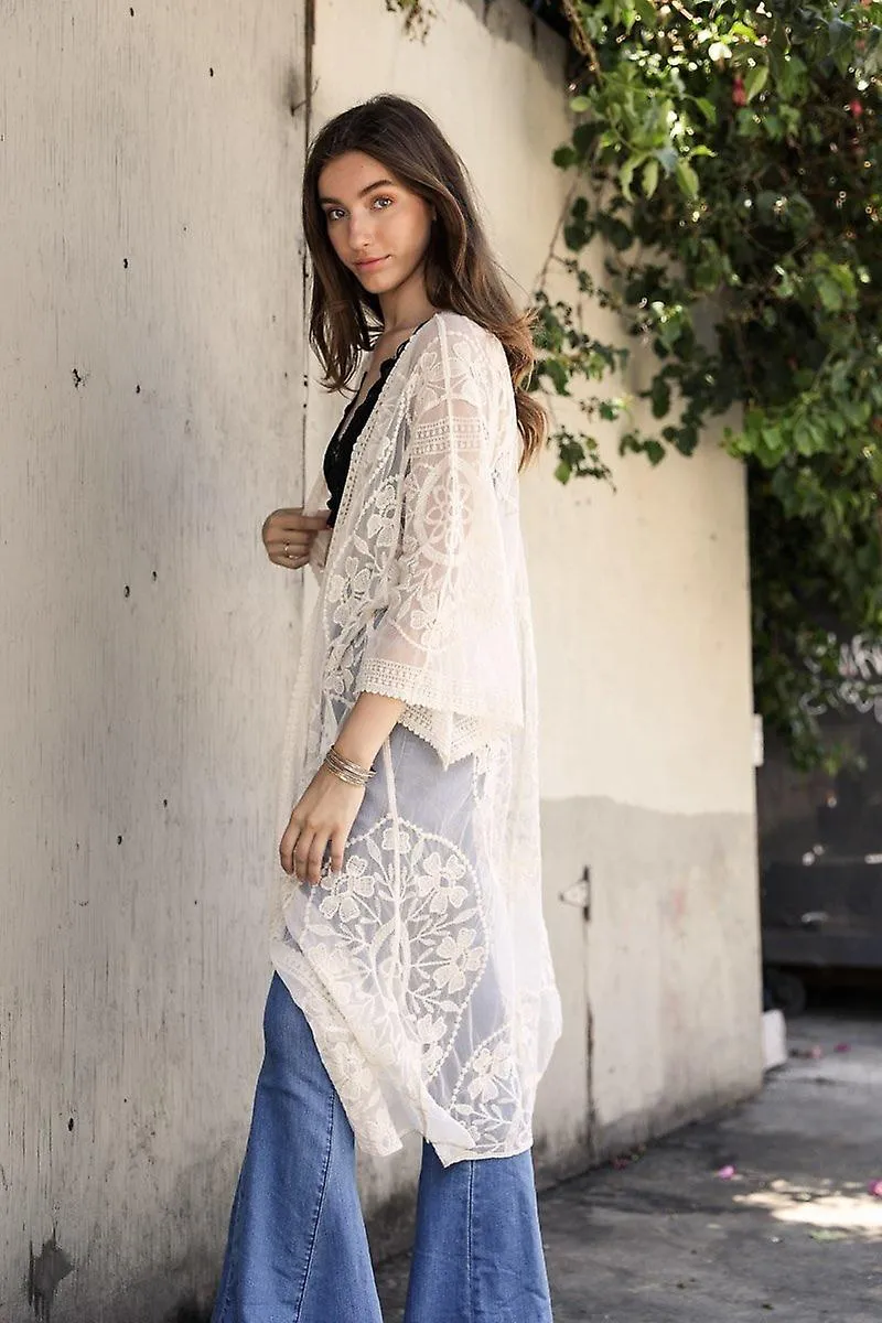 Contrast mesh cotton lace kimono