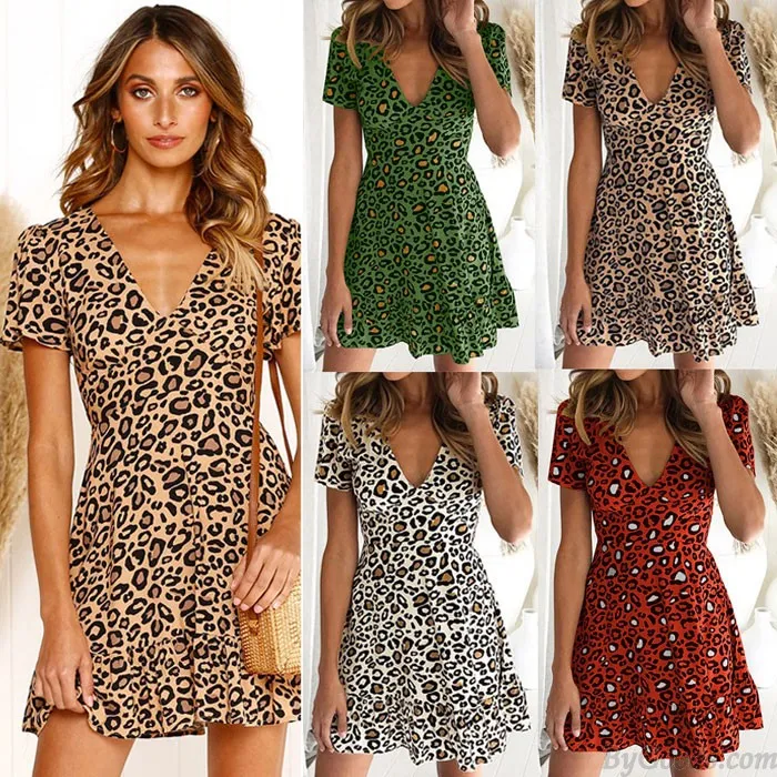 FASHION VNECK LEOPARD PRINT SHORT SLEEVES RUFFLED WOMEN'S DRESS