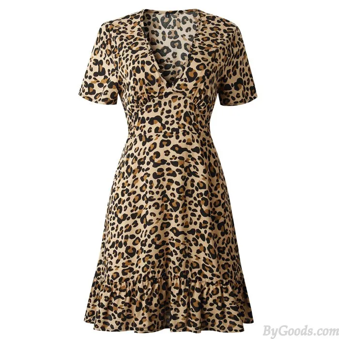 FASHION VNECK LEOPARD PRINT SHORT SLEEVES RUFFLED WOMEN'S DRESS