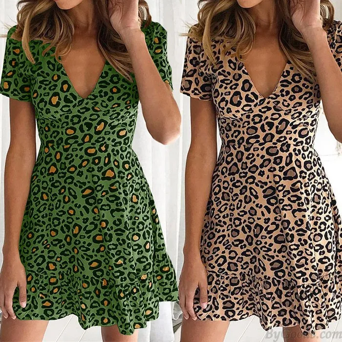 FASHION VNECK LEOPARD PRINT SHORT SLEEVES RUFFLED WOMEN'S DRESS