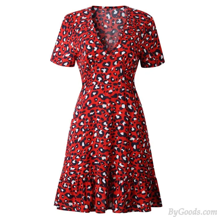 FASHION VNECK LEOPARD PRINT SHORT SLEEVES RUFFLED WOMEN'S DRESS