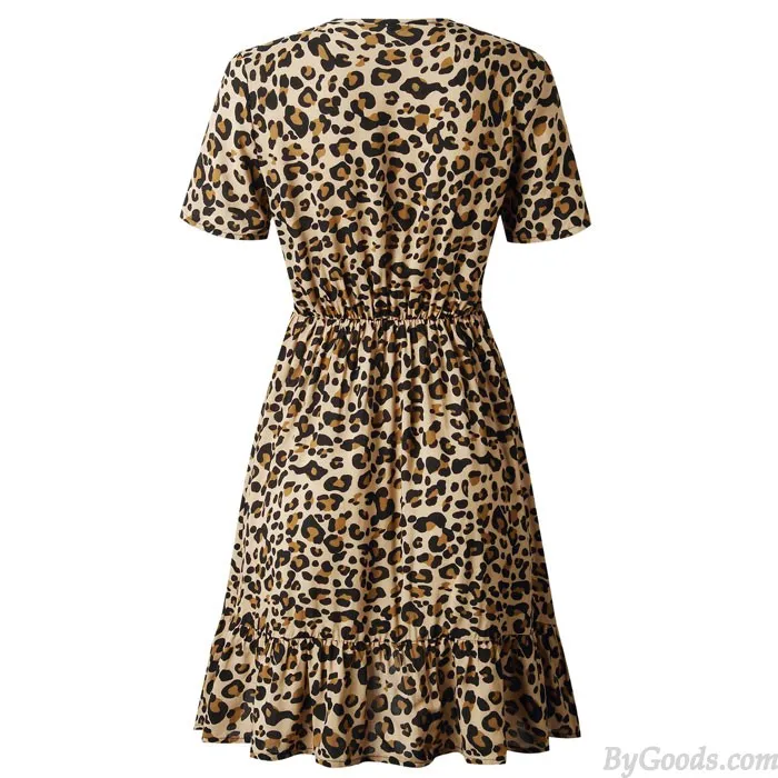 FASHION VNECK LEOPARD PRINT SHORT SLEEVES RUFFLED WOMEN'S DRESS