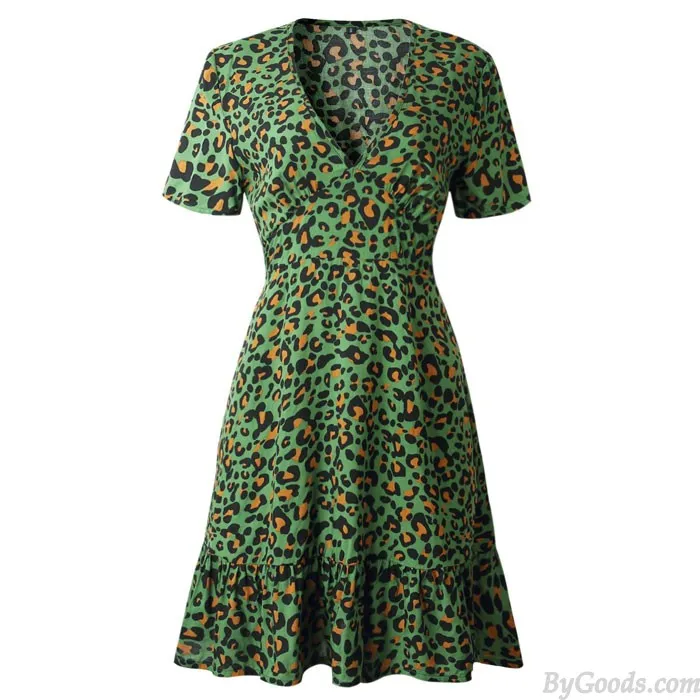 FASHION VNECK LEOPARD PRINT SHORT SLEEVES RUFFLED WOMEN'S DRESS