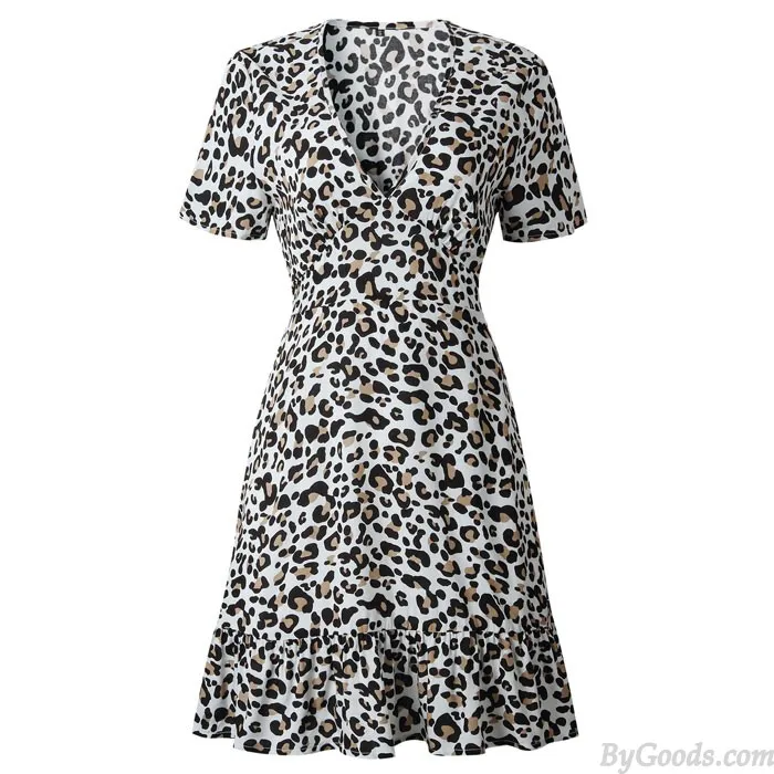 FASHION VNECK LEOPARD PRINT SHORT SLEEVES RUFFLED WOMEN'S DRESS