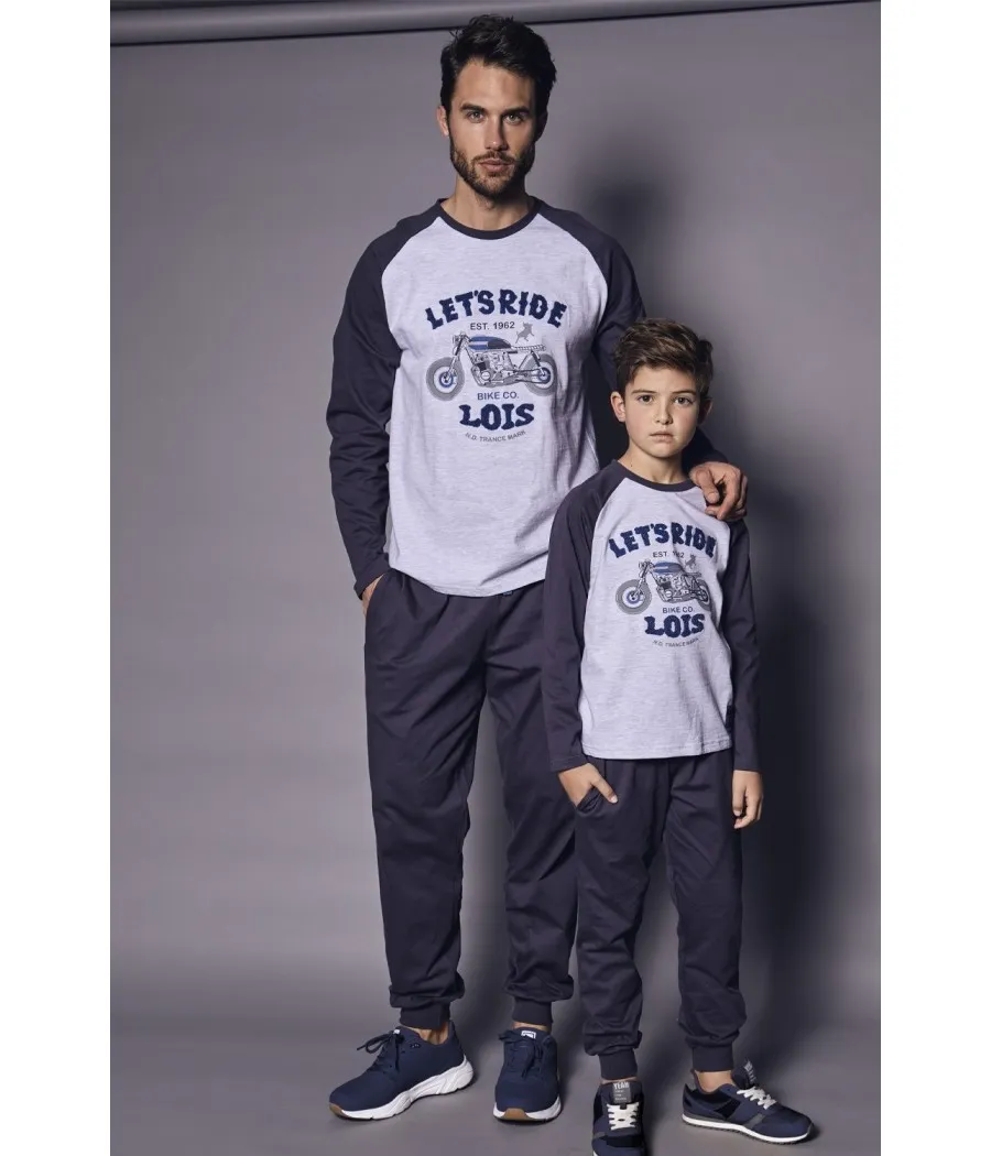 Pijama hombre invierno Lois Bike gris bolsillos algodón