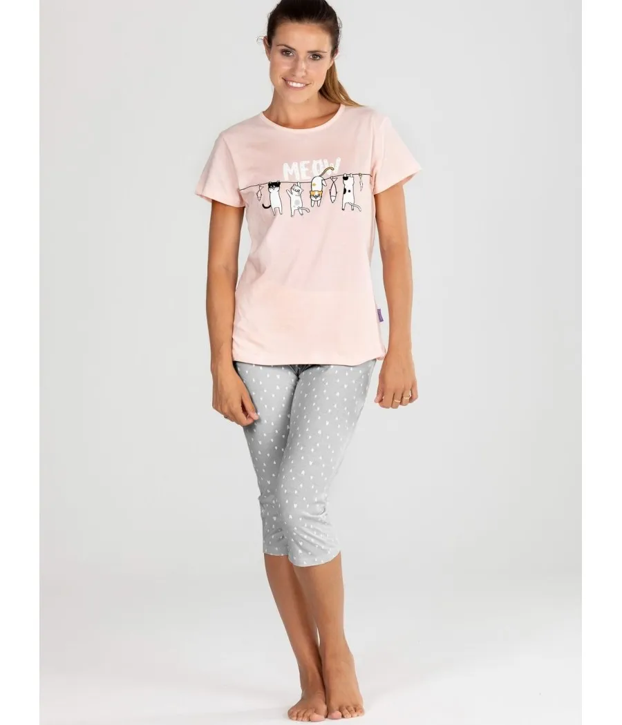 Pijama pirata verano mujer Pettrus manga corta rosa algodón