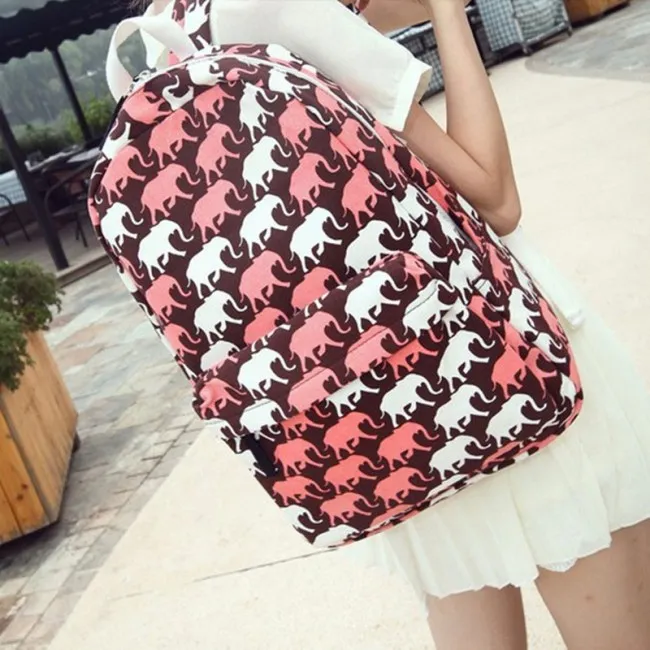 Red Lovely Cartoon Elephant Graffiti Canvas Backpack