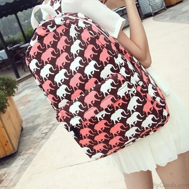 Red Lovely Cartoon Elephant Graffiti Canvas Backpack