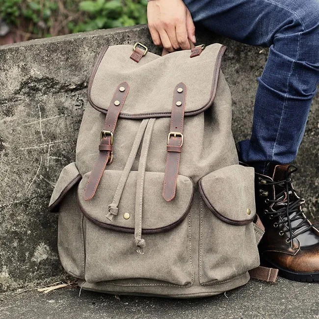 Retro Leather Strap Rucksack Thick Canvas Large Travel College Backpack 