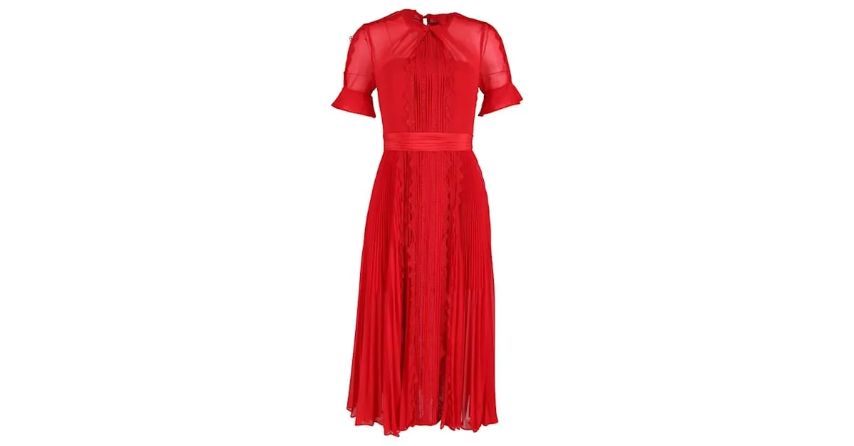 SELF PORTRAIT VESTIDO MIDI PLISADO DE SEDA ROJA SELFPORTRAIT 