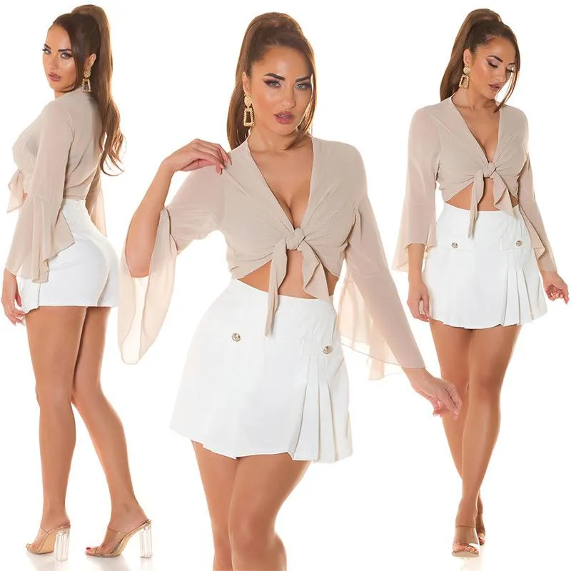 Top corto de anudar en el pecho beige