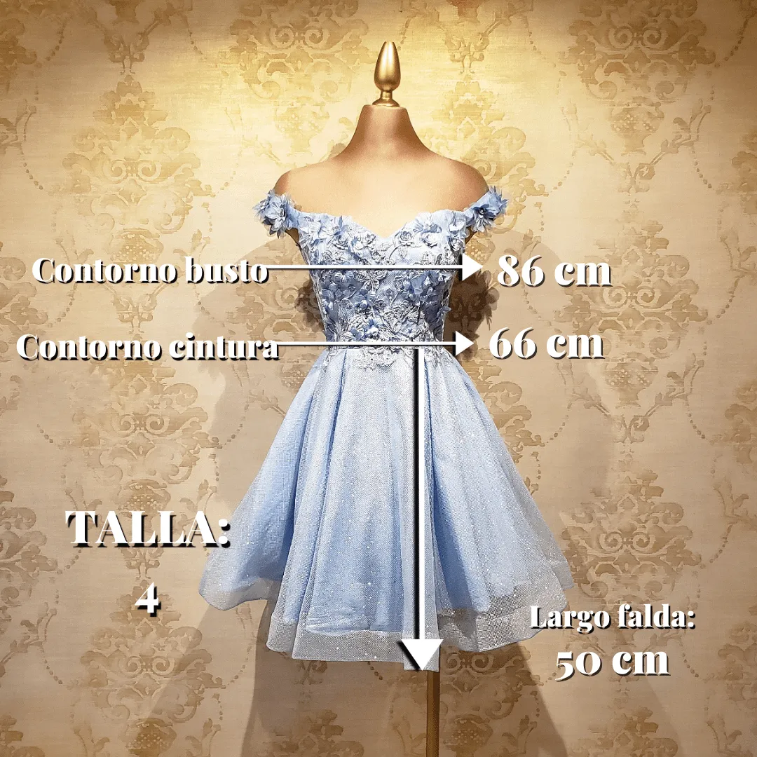 Vestido Azul Cielo Corto Brillante con Flores