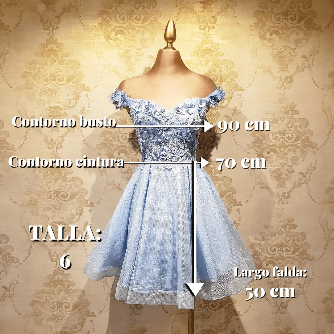 Vestido Azul Cielo Corto Brillante con Flores