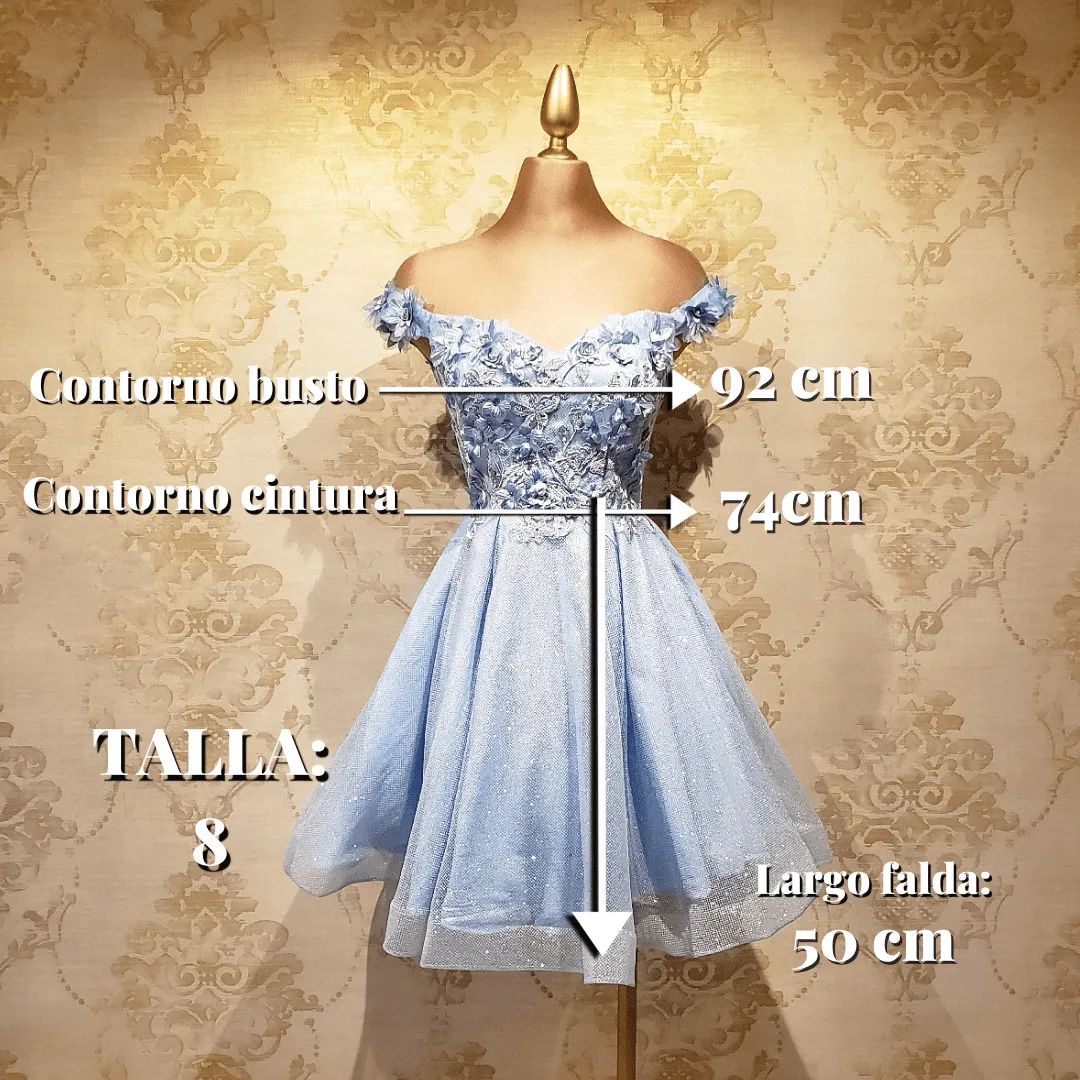 Vestido Azul Cielo Corto Brillante con Flores