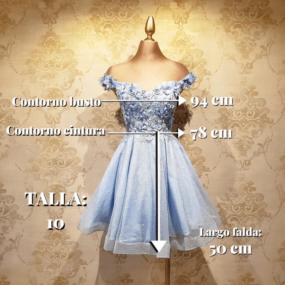 Vestido Azul Cielo Corto Brillante con Flores