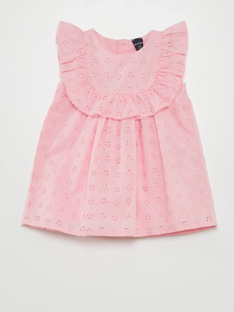 VESTIDO CON BORDADO INGLéS Y VOLANTE  ROSA