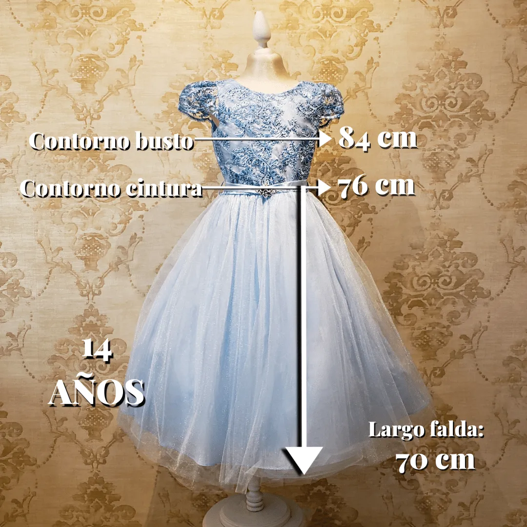 Vestido de Niña Fiesta Azul Cielo con Manga de Fiesta Talla 14 a 18 Años