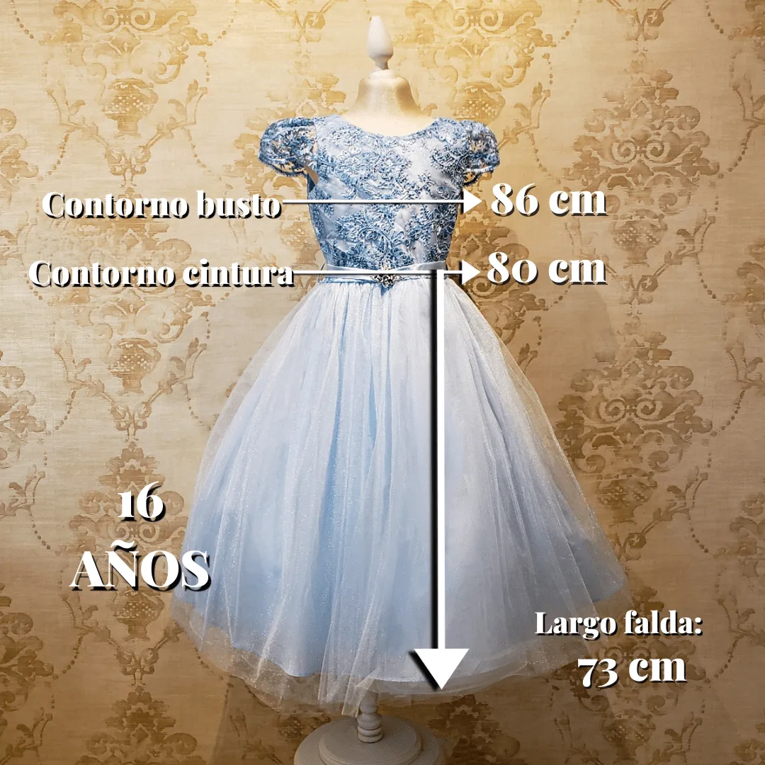 Vestido de Niña Fiesta Azul Cielo con Manga de Fiesta Talla 14 a 18 Años