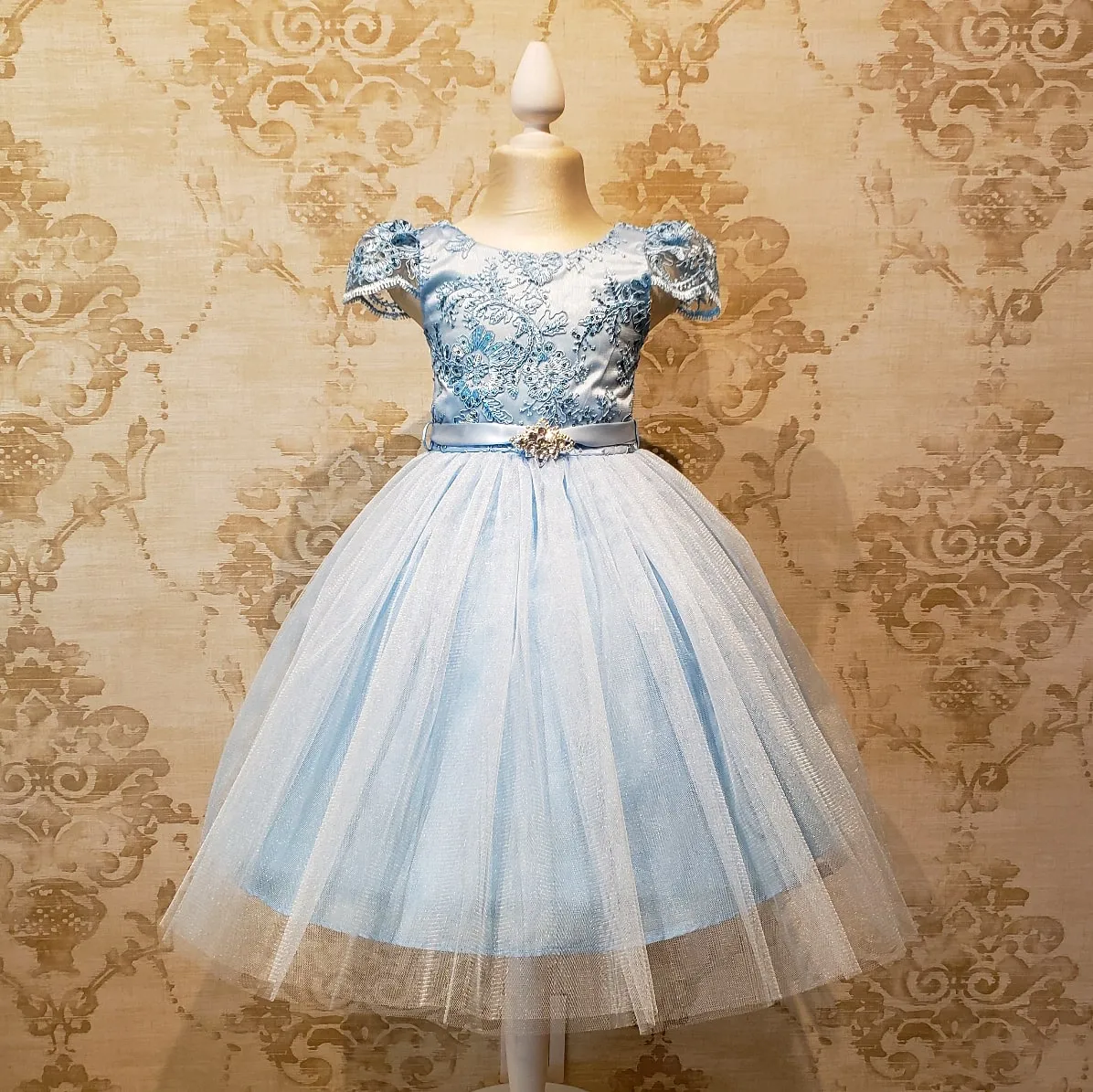 Vestido de Niña Fiesta Azul Cielo con Manga de Fiesta Talla 2 a 12 Años