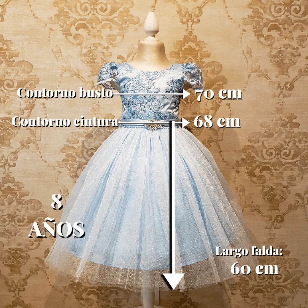 Vestido de Niña Fiesta Azul Cielo con Manga de Fiesta Talla 2 a 12 Años