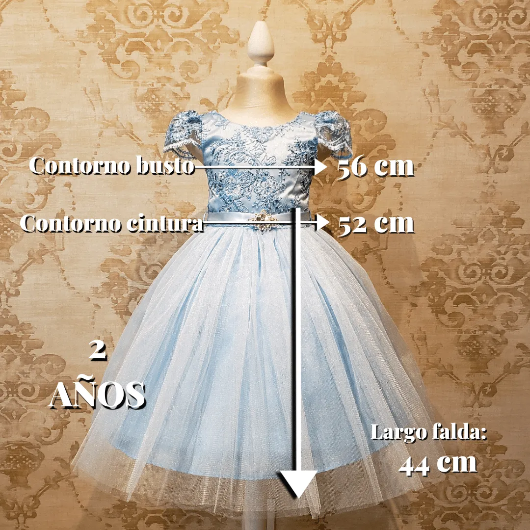 Vestido de Niña Fiesta Azul Cielo con Manga de Fiesta Talla 2 a 12 Años