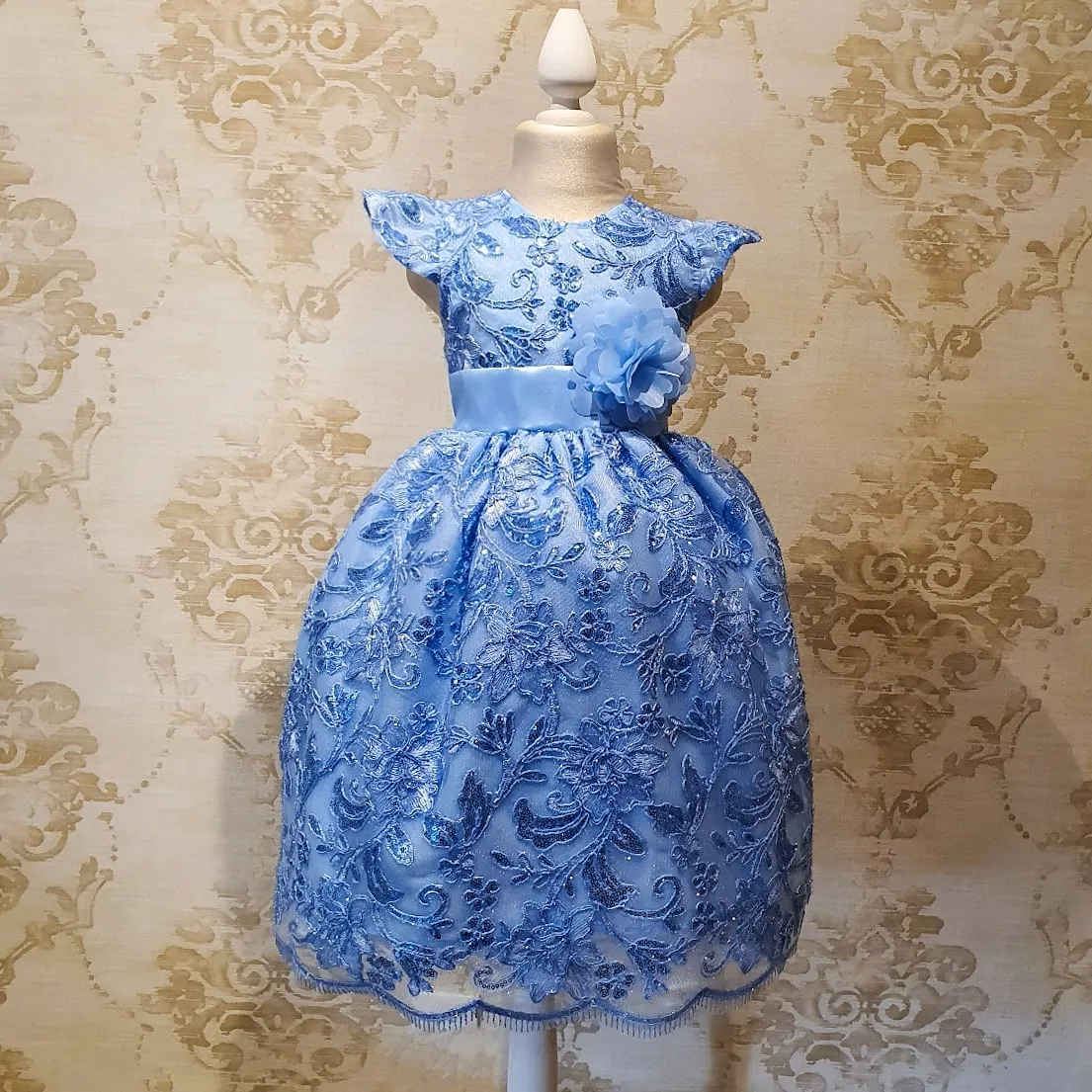 Vestido de Niña Fiesta Azul con Encaje Brillante Talla 3 a 8 Años