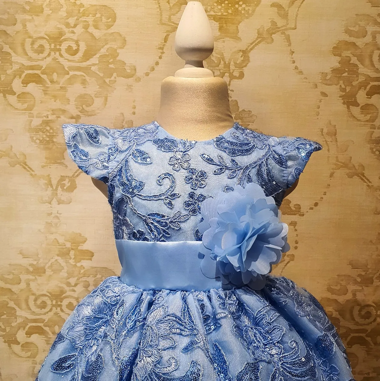 Vestido de Niña Fiesta Azul con Encaje Brillante Talla 3 a 8 Años