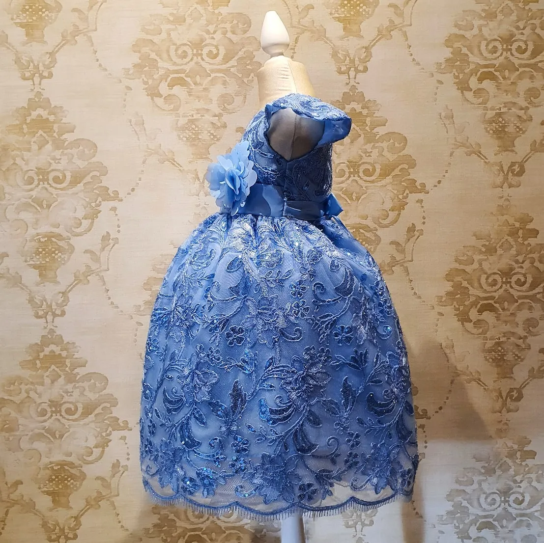 Vestido de Niña Fiesta Azul con Encaje Brillante Talla 3 a 8 Años