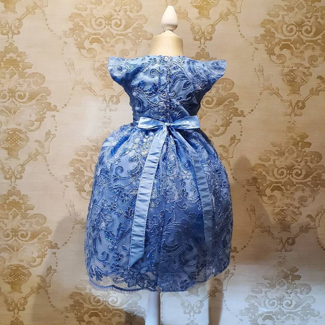 Vestido de Niña Fiesta Azul con Encaje Brillante Talla 3 a 8 Años
