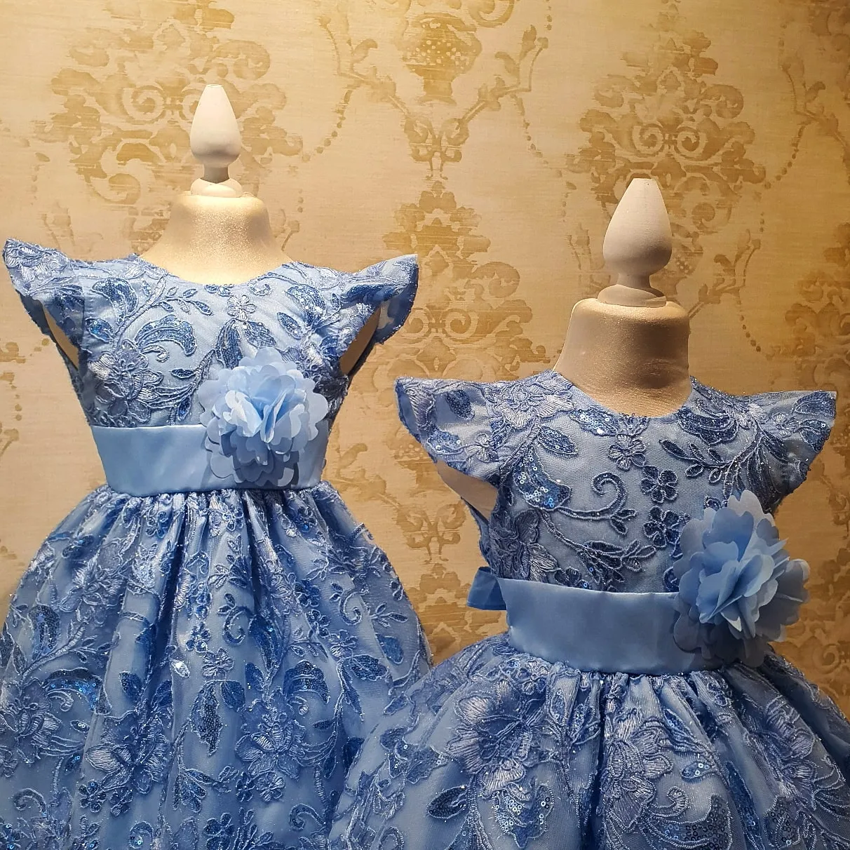 Vestido de Niña Fiesta Azul con Encaje Brillante Talla 3 a 8 Años