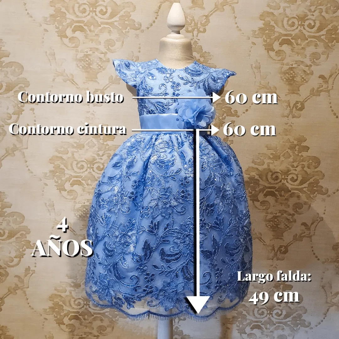 Vestido de Niña Fiesta Azul con Encaje Brillante Talla 3 a 8 Años