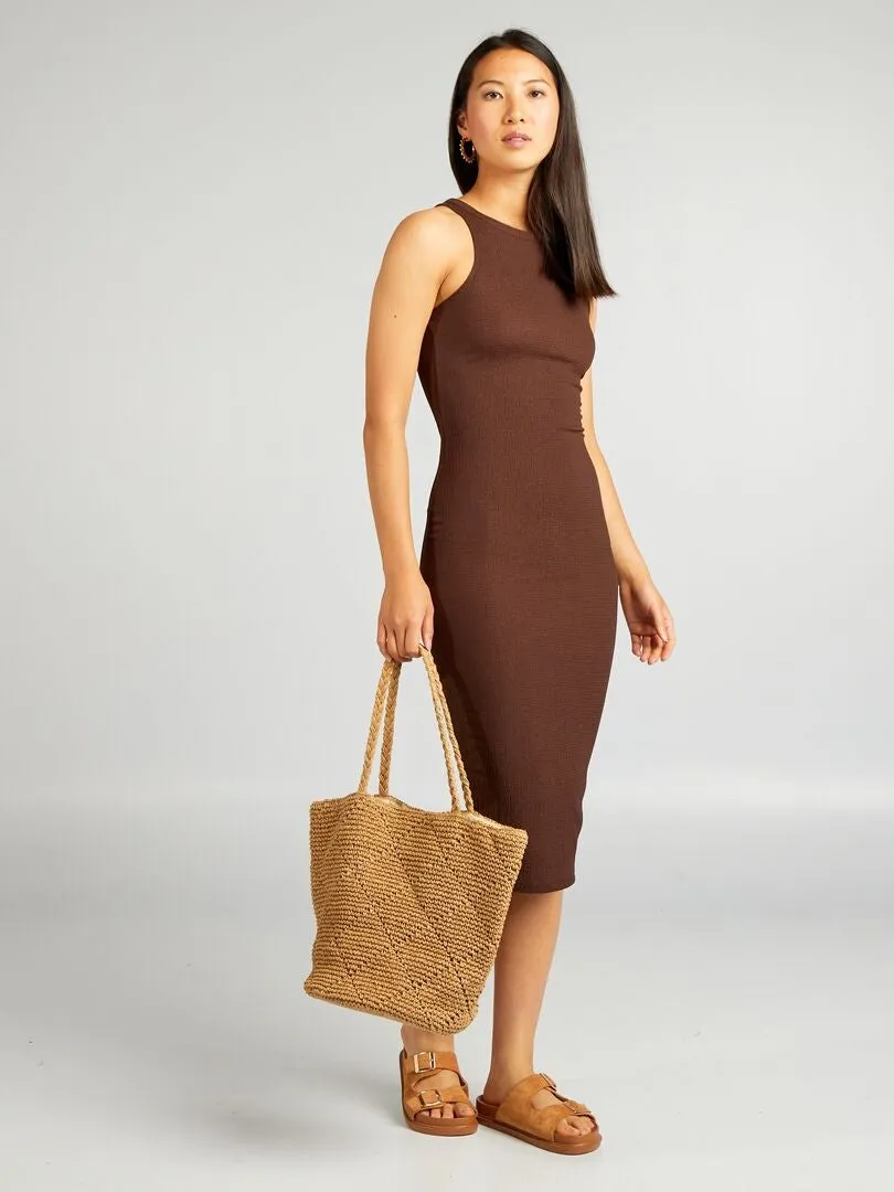 VESTIDO DE PUNTO GOFRADO CON SISA AMERICANA  MARRON