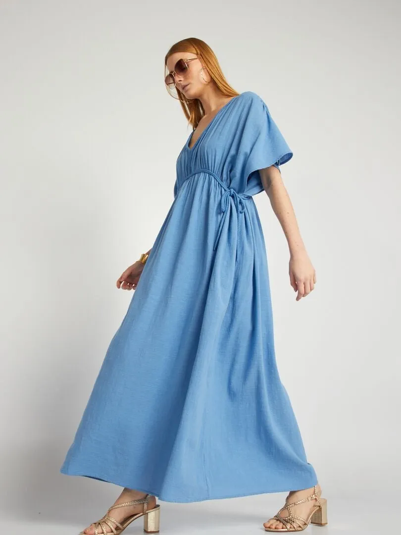 VESTIDO LARGO DE DOBLE GASA DE ALGODóN  AZUL