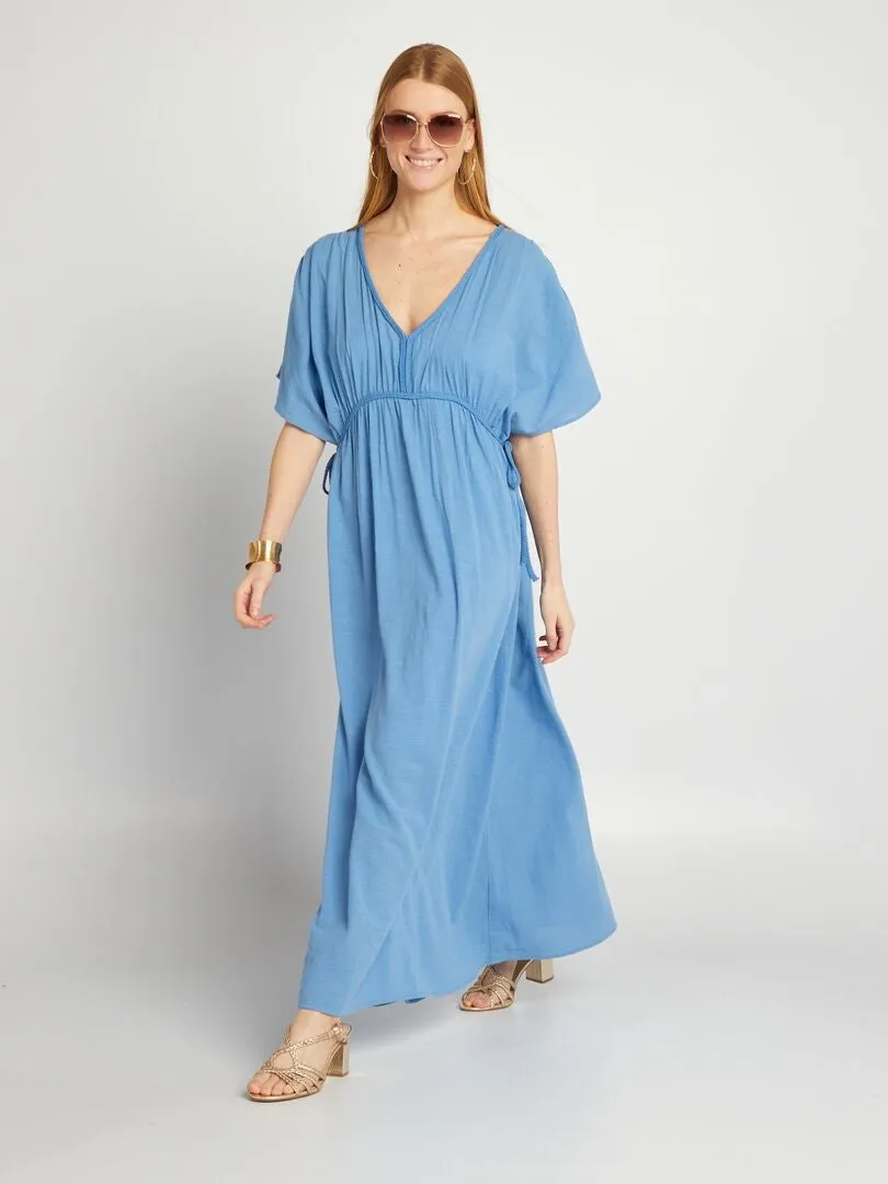 VESTIDO LARGO DE DOBLE GASA DE ALGODóN  AZUL