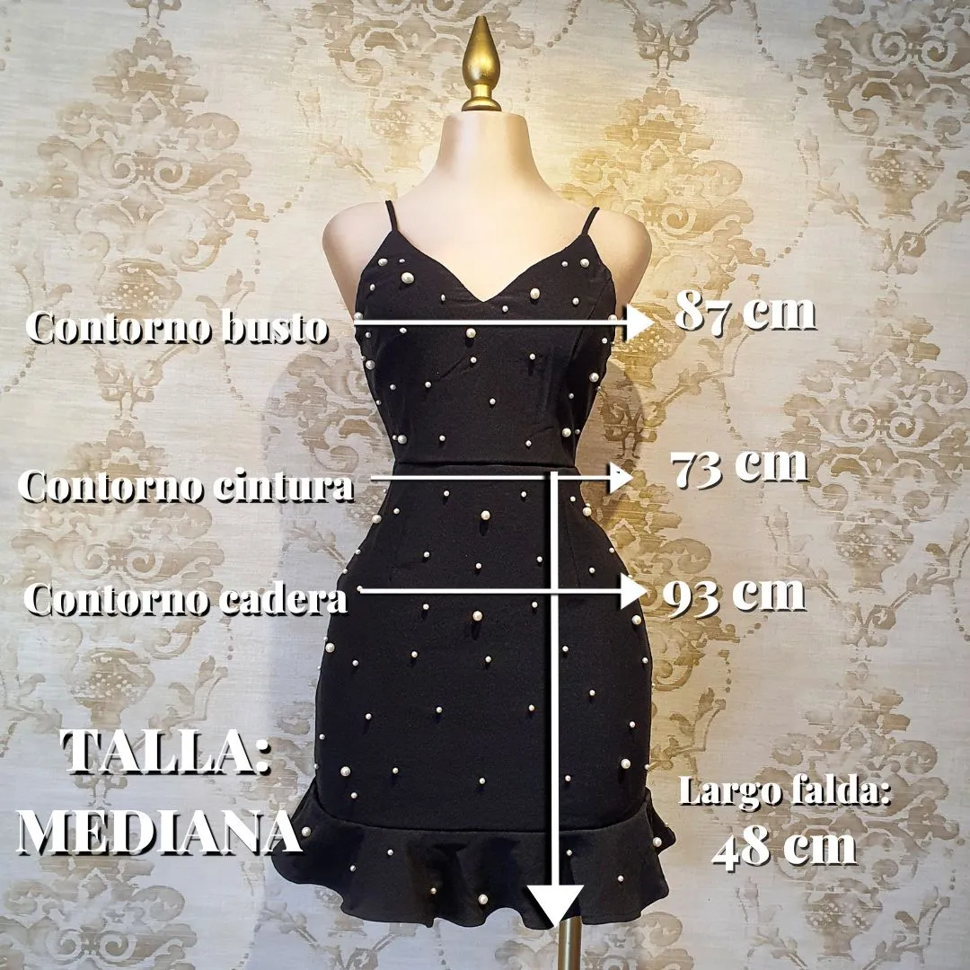 Vestido Negro Corto Tirantes Con Perlas