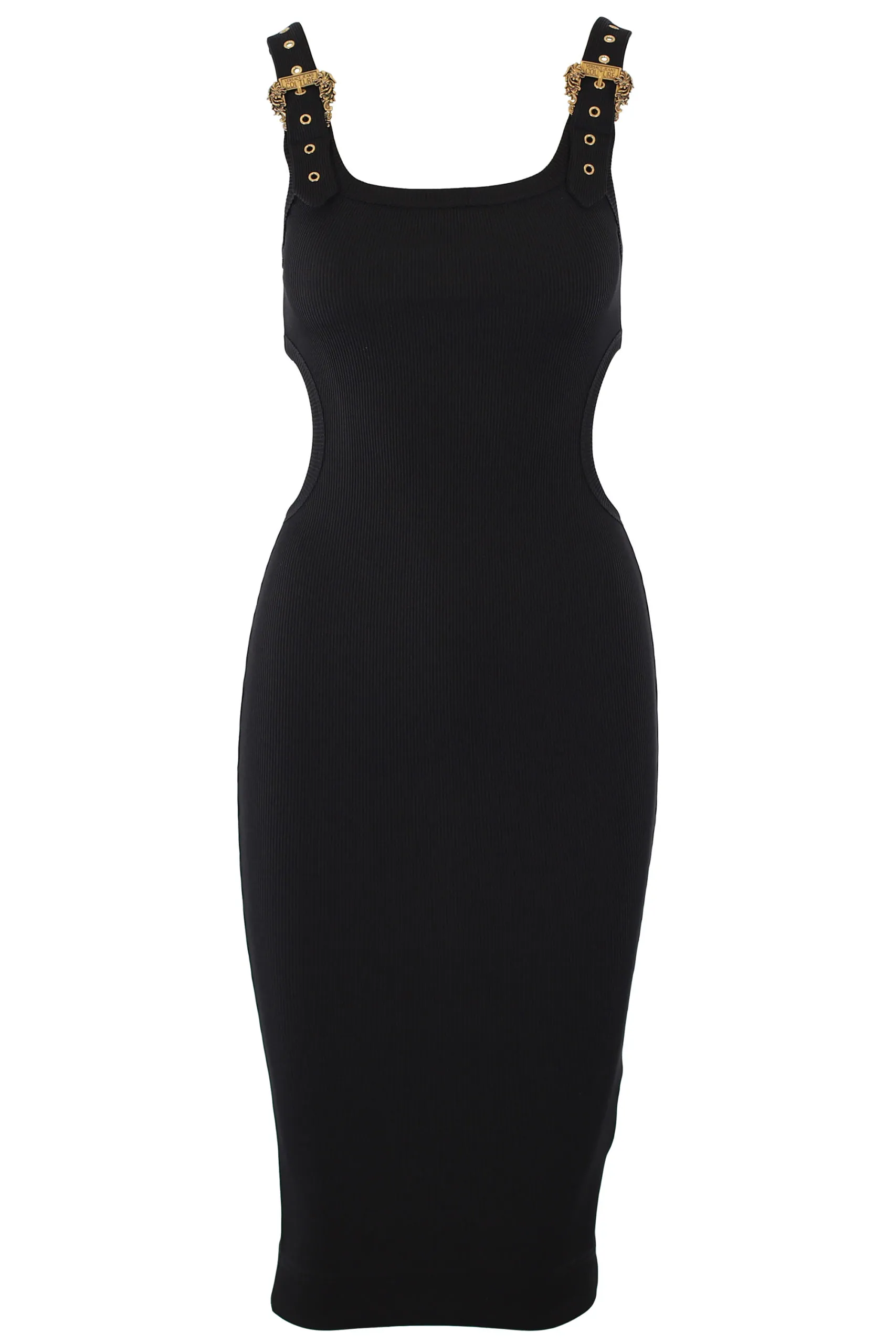 Vestido negro elástico con hebillas doradas