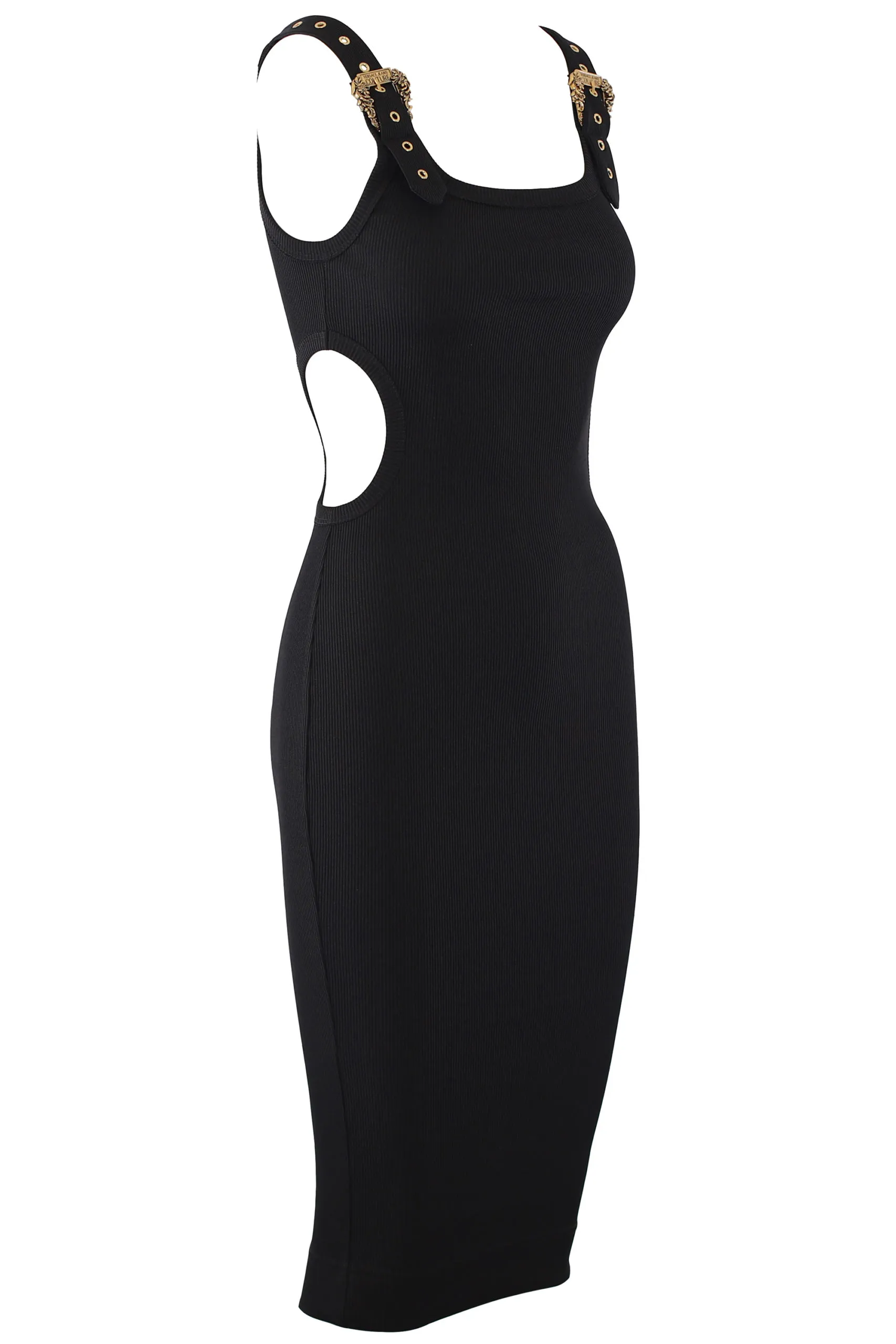 Vestido negro elástico con hebillas doradas