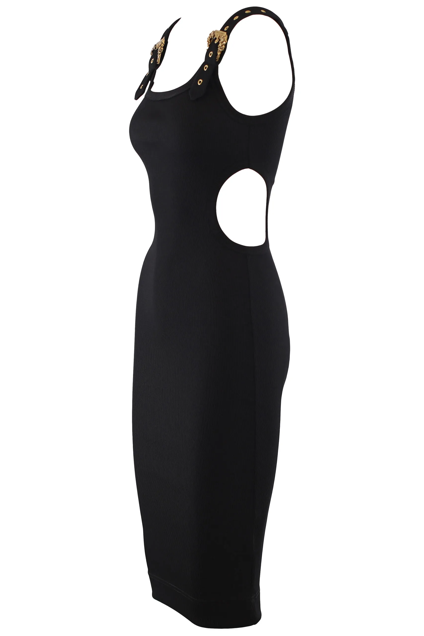 Vestido negro elástico con hebillas doradas